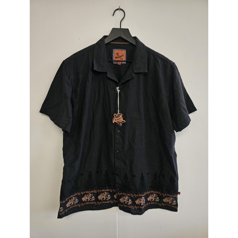 Newport Isle Shirt Mens XL Black Short Sleeve Button Up Cotton Linen Border‎